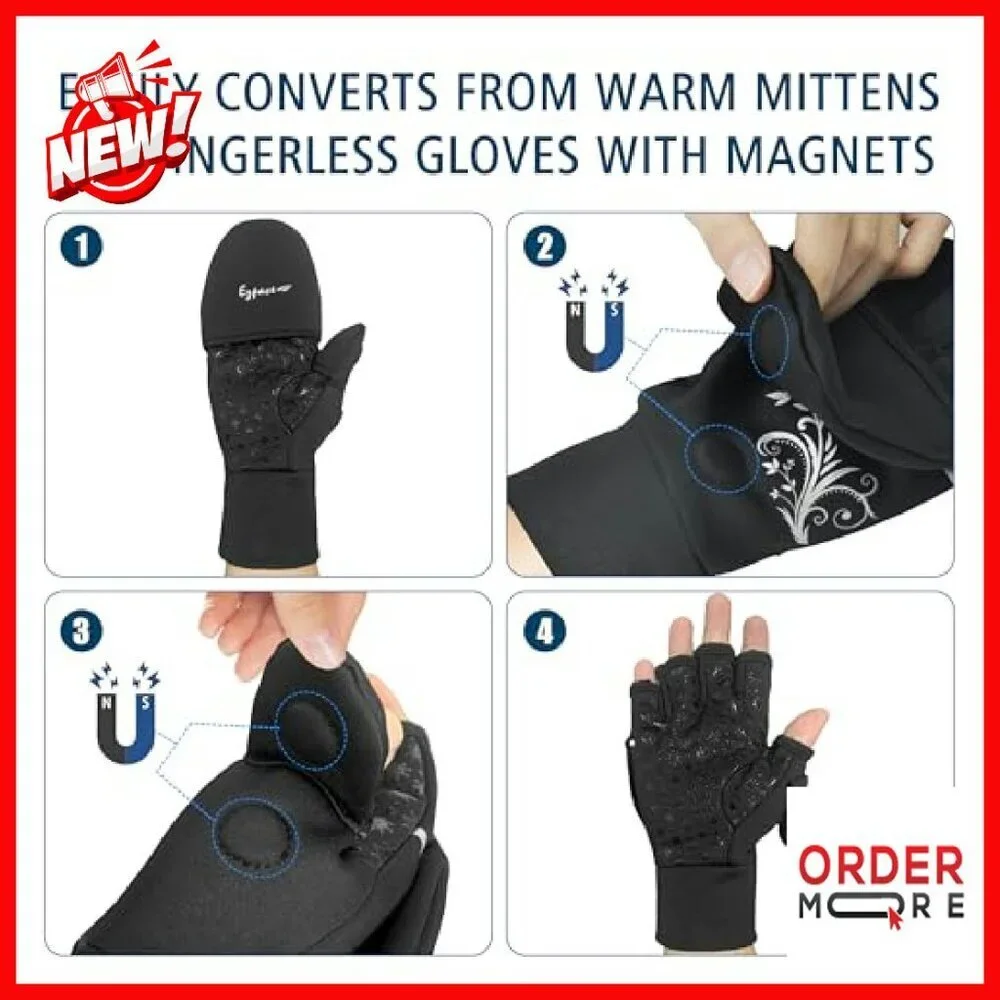 Convertible Running Mittens Fingerless Gloves Thermal Reflective Small-Medium